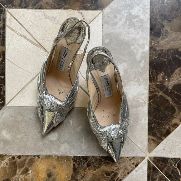 JIMMY CHOO Annabelle 85 Knotted Silver Leather Pumps - Picture 5 of 11
